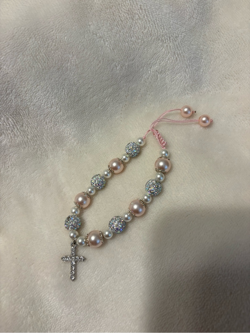 Pearl & Crystal Beaded Bracelet with Cross Charm - Pink Pearlescent